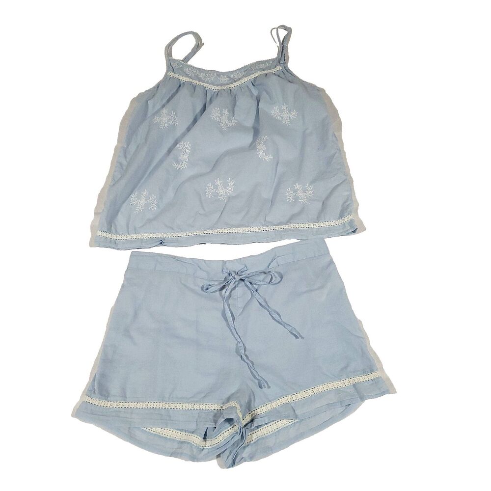 Feminine Coquette Camisole Pajama Set L Blue White Eyelet Cynthia Rowley